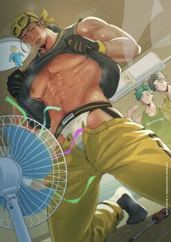 16personalities 3boys abs air_conditioner bara black_gloves black_hair black_socks campaigner_(16personalities) chest_hair clothes_lift clothes_pull collared_shirt commentary doodlefish earrings electric_fan english_commentary entertainer_(16personalities) facial_hair fanning_crotch floral_print flying_sweatdrops food gloves goatee green_hair green_tank_top hairy highres holding holding_food holding_popsicle hot jewelry jockstrap kneeling leg_hair male_focus male_underwear multiple_boys muscular muscular_male navel navel_hair nipples one_eye_closed open_fly pants pants_pull pectorals ponytail popsicle screwdriver shirt shirt_lift short_hair socks solo_focus stubble sweat tank_top underwear virtuoso_(16personalities) white_male_underwear yaoi yellow_eyes yellow_pants