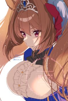 1girl animal_ears black_bow black_bowtie blue_jacket bow bowtie breasts brown_hair center_frills closed_mouth daiwa_scarlet_(peak_blue)_(umamusume) daiwa_scarlet_(umamusume) fang framed_breasts frills hair_between_eyes hair_intakes horse_ears horse_girl jacket koruri large_breasts long_hair long_sleeves red_eyes shirt simple_background solo tiara twintails umamusume upper_body very_long_hair white_background