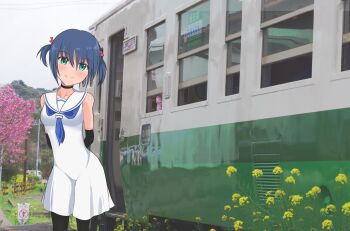 1girl bare_shoulders blush breasts collarbone dress elbow_gloves gloves green_eyes hayate_no_gotoku! highres medium_breasts nishizawa_ayumu outdoors purple_hair sailor_dress short_hair short_twintails sky solo train twintails