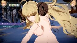 2girls 3d anila_(granblue_fantasy) animated aqua_eyes blonde_hair breasts fighting granblue_fantasy granblue_fantasy_versus:_rising highres horns multiple_girls nipples nude nude_filter nude_mod outdoors polearm sheep sound spear tagme third-party_edit twintails video weapon yellow_eyes zeta_(granblue_fantasy)