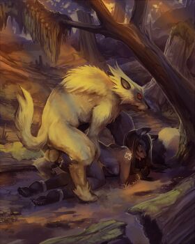 1boy 1girl all_fours animal_penis anus bestiality cum dog_penis forest furry furry_female highres interspecies nature nude outdoors penis purplekleceon size_difference testicles tree wolf