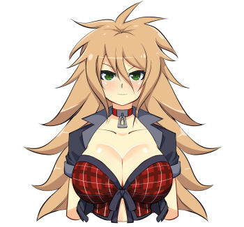 Rule 34 | 1girl, black coat, blush, body blush, breasts, brown hair, choker, cleavage, coat, collarbone, commentary, cropped coat, english commentary, green eyes, hair between eyes, karasu (senran kagura), kometoze, large breasts, light smile, linea alba, long hair, looking at viewer, messy hair, open clothes, open coat, pendant choker, plaid clothes, plaid vest, red choker, red vest, senran kagura, senran kagura new wave, shiny skin, simple background, solo, spiked hair, upper body, vest, white background