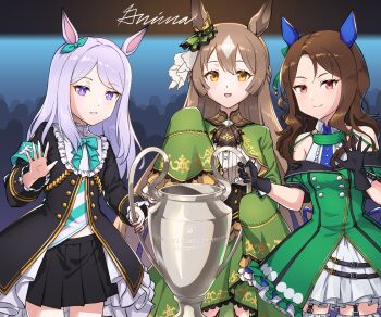 3girls animal_ears black_gloves black_skirt brown_hair dress ear_covers gloves green_dress grimaisbestwaifu highres horse_ears horse_girl king_halo_(king_of_emeralds)_(umamusume) king_halo_(umamusume) looking_at_viewer mejiro_mcqueen_(frontline_elegance)_(umamusume) mejiro_mcqueen_(umamusume) miniskirt multiple_girls purple_eyes purple_hair red_eyes satono_diamond_(natural_brilliance)_(umamusume) satono_diamond_(umamusume) skirt smile trophy umamusume yellow_eyes