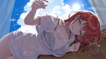1girl absurdres amahara_subaru backlighting black_bra bra bra_visible_through_clothes breasts cleavage collarbone commentary_request cup drinking_glass green_eyes hand_up highres hino_akane_(vtuber) indie_virtual_youtuber large_breasts long_hair looking_at_viewer lying on_side open_mouth red_hair see-through_clothes see-through_shirt shirt short_sleeves smile solo string_bra sunlight underwear virtual_youtuber wet white_shirt