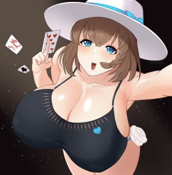 1girl blue_eyes braid breasts card charlotte_corday_(fate) charlotte_corday_(swimsuit_caster)_(first_ascension)_(fate) cleavage fate/grand_order fate_(series) hat highres huge_breasts muundae playing_card shiny_skin short_hair