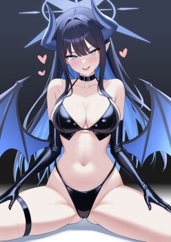 1girl bare_shoulders bikini black_bikini black_choker black_gloves black_tail black_wings blue_archive blue_eyes blue_hair blue_halo blue_wings blush breasts choker cleavage demon_horns demon_tail demon_wings elbow_gloves espada_gcon gloves hair_intakes halo highres horns large_breasts long_hair looking_at_viewer open_mouth saori_(blue_archive) skindentation smile solo spread_legs sweat swimsuit tail teeth thigh_strap thighs two-tone_wings upper_teeth_only wings