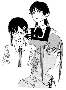 3girls blupixl chainsaw_man closed_mouth collared_shirt dress fourth_east_high_school_uniform greyscale half-closed_eyes higashiyama_kobeni long_hair makima_(chainsaw_man) mitaka_asa monochrome multiple_girls necktie pinafore_dress school_uniform shirt sidelocks single_sidelock sleeveless sleeveless_dress sweat sweatdrop