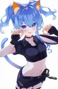 1girl :p absurdres alternate_costume alternate_hairstyle animal_ear_fluff animal_ears aya02ka belt black_belt black_choker black_gloves black_shirt black_skirt blue_eyes blue_hair breasts cat_ears cat_girl choker collared_shirt cropped_shirt cuffs fingerless_gloves gloves handcuffs hands_up highres hololive hoshimachi_suisei kemonomimi_mode midriff miniskirt nail_polish navel orange_nails police police_uniform revision shirt short_hair_with_long_locks simple_background single_sidelock skirt small_breasts solo star_(symbol) star_in_eye symbol_in_eye tongue tongue_out twintails virtual_youtuber white_background