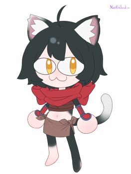 Rule 34 | 1girl, ahoge, animal ear fluff, animal ears, artist name, black hair, cat ears, cat girl, cat tail, dungeon meshi, highres, izutsumi, kimchunsik, midriff, navel, neco-arc, red scarf, scarf, short hair, simple background, slit pupils, solo, tail, tsukihime, twitter username, white background, yellow eyes