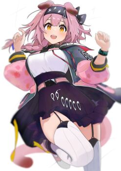 1girl animal_ears arknights black_hairband black_skirt braid breasts cat_ears cat_tail garter_straps goldenglow_(arknights) hairband infection_monitor_(arknights) jacket large_breasts orange_eyes pink_hair pink_jacket shirt skirt sora_mame_(princess_0sora) tail thighhighs white_background white_shirt white_thighhighs