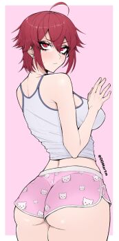 1girl ahoge aizawa_tomo ass bare_shoulders black_eyeshadow blush border breasts closed_mouth commentary earrings eyelashes eyeshadow from_behind frown hair_between_eyes hand_up hello_kitty_print highres jewelry large_breasts looking_at_viewer looking_back makeup nose oomartm outside_border pink_background pink_shorts red_eyes red_hair short_hair short_shorts shorts simple_background solo stud_earrings sweatdrop tank_top thick_thighs thighs tomboy tomo-chan_wa_onna_no_ko twitter_username white_border white_tank_top
