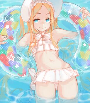 Rule 34 | 1girl, abigail williams (fate), abigail williams (swimsuit foreigner) (fate), abigail williams (swimsuit foreigner) (third ascension) (fate), bikini, bikini skirt, blonde hair, blue eyes, bonnet, bow, bow bikini, bright pupils, commentary, fate/grand order, fate (series), flat chest, highres, holding, holding swim ring, innertube, long hair, long sidelocks, looking at viewer, navel, parted bangs, partially submerged, sidelocks, smile, solo, stomach, swim ring, swimsuit, toastitos, twintails, water, white bikini, white bonnet, white bow, white pupils