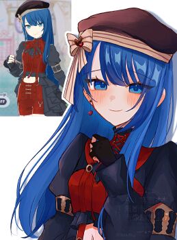 1girl asymmetrical_sidelocks beret black_gloves black_shirt blue_eyes blue_hair blush bow brown_bow brown_hat check_commentary closed_mouth commentary_request cropped_shirt derivative_work dot_nose earrings fingerless_gloves game_screenshot_inset gloves hand_up hat hat_bow heart heart_earrings highres hlk8fa jewelry kiritani_haruka long_hair long_sleeves looking_at_viewer midriff navel official_alternate_color official_alternate_costume official_alternate_hair_length official_alternate_hairstyle project_sekai puffy_long_sleeves puffy_sleeves raised_inner_eyebrows red_shorts reference_inset rose/pompadour_(project_sekai) screenshot_inset shirt shorts sidelocks simple_background smile solo straight_hair striped_bow suspender_shorts suspenders take_the_best_shot!_(project_sekai) upper_body white_background