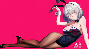 1girl absurdres animal_ears bare_shoulders black_leotard blush bow bowtie breasts brown_pantyhose cleavage covered_navel detached_collar fake_animal_ears fate/grand_order fate_(series) grey_hair grin high_heels highleg highleg_leotard highres jeanne_d&#039;arc_alter_(fate) large_breasts leotard looking_at_viewer omte97 pantyhose playboy_bunny rabbit_ears short_hair smile solo wrist_cuffs yellow_eyes
