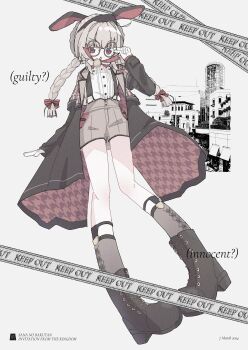 1girl absurdres adjusting_eyewear animal_ears argyle_clothes argyle_socks black_boots boots braid brown_hair brown_shorts caution_tape collared_shirt deerstalker detective fake_animal_ears fertilizerrrr full_body glasses gloves hand_up hashtag-only_commentary hat highres long_hair long_sleeves looking_at_viewer natori_sana natori_sana_(detective_agency_head) open_mouth rabbit_ears sana_channel shirt shorts socks solo standing suspender_shorts suspenders twin_braids virtual_youtuber white_gloves white_shirt