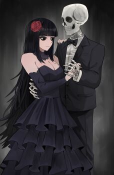 1girl black_bow black_bowtie black_dress black_eyes black_eyeshadow black_hair black_jacket black_pants bone bow bowtie breasts cleavage dress eyeshadow flower formal_clothes hair_flower hair_ornament highres jacket jourd4n large_breasts makeup mole mole_on_breast original pant_suit pants red_flower red_rose rose skeleton skull suit suit_jacket