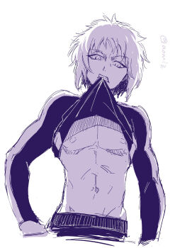 Rule 34 | 1boy, aomiz, artist name, clothes in mouth, clothes lift, highres, long sleeves, male focus, monochrome, mouth hold, ninja to gokudou, nipples, shirt in mouth, shirt lift, short hair, signature, solo, tanaka shinoha, teeth, toned, toned male, upper body, white background