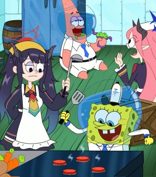 2boys 2girls apron black_hair black_horns blue_archive blue_eyes breasts commentary cooking creammilk_tea crossover demon_horns english_commentary fuuka_(blue_archive) grill grilling hair_between_eyes hair_on_horn halo headscarf highres holding holding_ladle horns juri_(blue_archive) ladle long_hair long_sleeves multicolored_necktie multiple_boys multiple_girls necktie open_mouth patrick_star pink_hair pointy_ears red_eyes red_halo ribbon-trimmed_apron ribbon_trim spongebob_squarepants spongebob_squarepants_(series) starfish teeth toon_(style) twintails white_apron yellow_headscarf