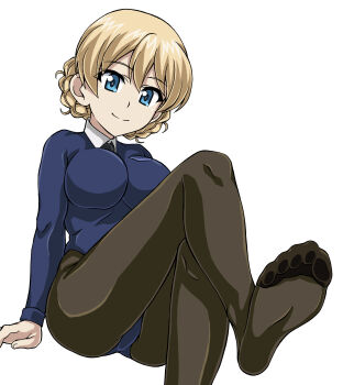 1girl 9s0ykoyama117 ass black_pantyhose blonde_hair blue_eyes braid breasts closed_mouth commentary_request covered_navel darjeeling_(girls_und_panzer) feet girls_und_panzer highres large_breasts looking_at_viewer necktie pantyhose school_uniform simple_background smile solo st._gloriana's_school_uniform white_background