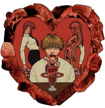 1boy 1girl 909_y5 bendy_straw black_pants blood blood_on_face brown_eyes brown_hair chainsaw_man cup denji_(chainsaw_man) drinking_glass drinking_straw eyeball flower food guro halo highres implied_cannibalism long_hair long_sleeves makima_(chainsaw_man) meat milkshake pants red_hair red_halo shirt short_hair table whipped_cream white_flower white_shirt