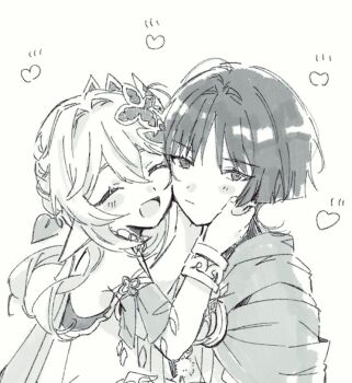 1boy 1girl armlet blunt_ends blush_stickers bracelet braid cape cheek-to-cheek closed_mouth commentary_request detached_sleeves dress eyelashes facing_another genshin_impact greyscale hair_between_eyes hair_intakes hair_ornament half_crown_braid hand_on_another's_face hand_up happy heads_together heart hetero jewelry leaf leaf_hair_ornament looking_at_viewer monochrome nahida_(genshin_impact) onigiri_po_0205 open_mouth pointy_ears pom_pom_(clothes) scaramouche_(genshin_impact) side_cape wanderer_(genshin_impact) wispy_bangs