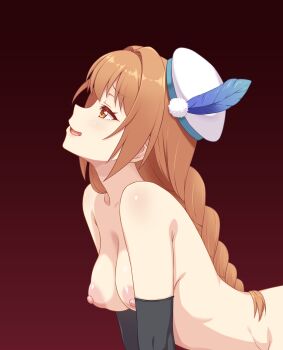 Rule 34 | 1girl, :d, black gloves, blush, braid, breasts, brown eyes, brown hair, commentary request, elbow gloves, from side, gloves, hat, hat feather, highres, hou (hachiyou), large breasts, long hair, nipples, nozomi (princess connect!), nude, open mouth, pom pom (clothes), princess connect!, profile, red background, simple background, single braid, smile, solo, upper body, white hat