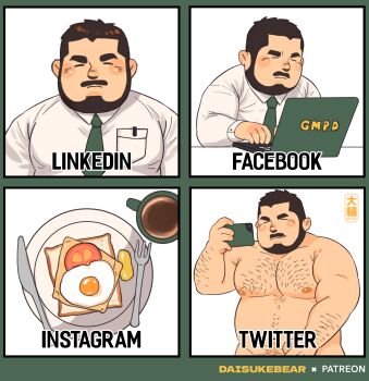 1boy absurdres arm_hair bara beard belly blush brown_hair chest_hair closed_eyes collage collared_shirt completely_nude computer cowboy_shot daisukebear facebook facial_hair fat fat_man hairy highres holding holding_phone instagram laptop large_pectorals linkedin male_focus mature_male muscular muscular_male mustache navel_hair necktie nipples nude out-of-frame_censoring pectorals phone salaryman selfie shirt short_hair split_screen twitter upper_body