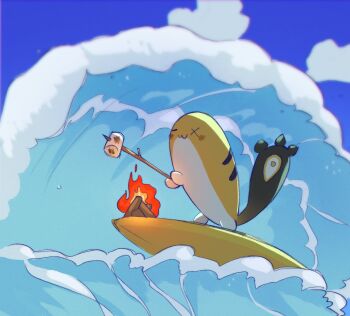 Rule 34 | :3, = =, blue sky, blush stickers, campfire, cloud, commentary, creature, derivative work, english commentary, food, grem (gigi murin), highres, hololive, hololive english, marshmallow, mascot, outdoors, roasted marshmallow, sky, surfboard, surfing, tail, virtual youtuber, waving, x x, yambot