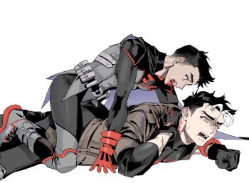 3000zialg bat_signal batman_(series) batman_symbol bite_mark biting black_bodysuit black_gloves black_hair blood blood_from_mouth blue_eyes bodysuit brothers brown_jacket damian_wayne dc_comics fang fangs gloves grey_bodysuit highres jacket jason_todd male_focus multicolored_bodysuit multicolored_hair multiple_boys muscular muscular_male neck_biting open_clothes pants red_hood_(dc) robin_(dc) shirt short_hair siblings slit_pupils superhero_costume taut_bodysuit two-tone_bodysuit two-tone_hair vampire western_comics_(style) white_hair