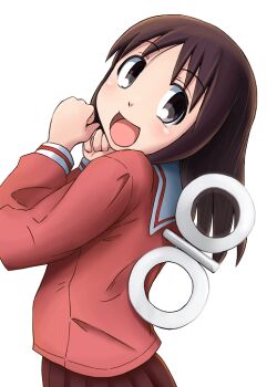 Rule 34 | 1girl, :d, azumanga daioh's school uniform, azumanga daiou, blush, brown eyes, brown hair, commentary, cosplay, curled fingers, from side, hands up, kasuga ayumu, light blush, long hair, long sleeves, looking at viewer, looking to the side, morichan, nichijou, open mouth, pink serafuku, pink shirt, pink skirt, pleated skirt, sailor collar, school uniform, serafuku, shinonome nano, shinonome nano (cosplay), shirt, simple background, skirt, smile, solo, white background, white sailor collar, winding key, winter uniform