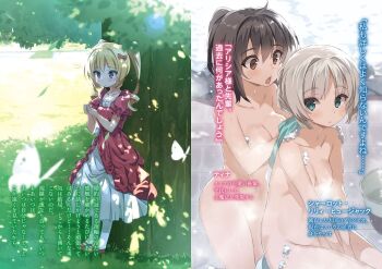 Rule 34 | 3girls, ahoge, alicia vladia sarkista, aqua eyes, bathroom, black hair, blonde hair, blush, breasts, bubble, bug, buta koushaku, butterfly, charlotte lily hughjack, cleavage, closed mouth, collarbone, convenient censoring, cowboy shot, detergent, dress, full body, grey hair, hair between eyes, highres, insect, large breasts, long hair, medium breasts, medium hair, multiple girls, nauribon, open mouth, outdoors, ponytail, purple eyes, red dress, short ponytail, short sleeves, sitting, standing, steam, steam censor, tina (buta koushaku), tree, tree shade, twintails, washbowl