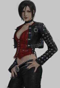 1girl ada_wong alternate_costume belt black_choker black_hair black_jacket black_nails black_pants breasts choker cleavage cow cropped_jacket grey_background hands_on_own_hips highres jacket leather leather_jacket medium_breasts midriff nail_polish pants red_shirt resident_evil s25122018 shirt short_hair solo studded_belt studded_jacket