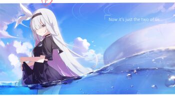 Rule 34 | 1girl, absurdres, black choker, black eyes, black hairband, black sailor collar, black serafuku, blue archive, blue sky, blush, braid, breasts, choker, closed mouth, clover dot (clov erd), commentary, grey hair, hair over one eye, hairband, halo, highres, long hair, navel, neckerchief, plana (blue archive), red halo, sailor collar, school uniform, serafuku, sky, solo, very long hair, white hair, white neckerchief