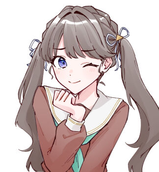 1girl ;) aqua_neckerchief brown_dress brown_hair closed_mouth commentary dress fujishima_megumi hair_intakes hair_ornament hair_ribbon hasu_no_sora_school_uniform highres link!_like!_love_live! lone_nape_hair long_hair long_sleeves looking_at_viewer love_live! neckerchief official_alternate_hairstyle on_your_mark_(love_live!) one_eye_closed purple_eyes ribbon sailor_collar sailor_dress school_uniform simple_background smile solo split_mouth symbol-only_commentary triangle_hair_ornament twintails upper_body virtual_youtuber white_background white_ribbon white_sailor_collar winter_uniform zangemiya