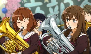 Rule 34 | 1boy, 3girls, ahoge, black hair, blue eyes, brown hair, closed eyes, euphonium, fluffy hair, fuyuhino, hair ornament, hairpin, hibike! euphonium, highres, holding, holding instrument, instrument, kitauji high school uniform, kousaka reina, kuroe mayu, light blush, light smile, medium hair, messy hair, multiple girls, music, oumae kumiko, playing instrument, purple eyes, red ribbon, ribbon, sailor collar, school uniform, short hair, sideways glance, sitting, smile, trumpet, tsukamoto shuuichi, white sailor collar, yellow eyes