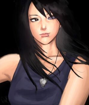 Rule 34 | 1girl, alternate costume, alternate hairstyle, artist name, black background, black eyes, bleeehrghw, blue tank top, closed mouth, colored sclera, commentary, earrings, english commentary, eyebrow piercing, eyelashes, face piercing, floating hair, genderswap, genderswap (mtf), glint, hair over shoulder, hashtag-only commentary, highres, ibispaint (medium), jewelry, light smile, lip piercing, long hair, looking to the side, mismatched sclera, naruto (series), necklace, nose piercing, piercing, purple sclera, rinnegan, stud earrings, tank top, uchiha sasuke, upper body