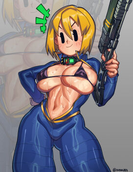 +++ 1girl bikini bikini_top_only black_bikini black_eyes blonde_hair blue_jumpsuit breasts closed_mouth collar commentary cowboy_shot emphasis_lines english_commentary fallout fallout_4 grey_background gun highres holding holding_gun holding_weapon jumpsuit large_breasts lasgun looking_at_viewer micro_bikini navel short_hair smile solo stomach sweat swimsuit vault_girl vault_suit very_sweaty waa153 weapon zoom_layer