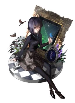 Rule 34 | 1girl, bird, black eyes, black hair, black pantyhose, bob cut, chess piece, flower, hand up, highres, jewelry, kuonji alice, mahou tsukai no yoru, necklace, pantyhose, shoes, skirt, solo, turtleneck, ubwmitekure