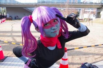 1girl belt black_leotard breasts city cosplay gradient_hair green_eyes hand_on_own_hip highleg highleg_leotard japanese_(nationality) kamen_rider leotard lips long_hair looking_at_viewer multicolored_hair outdoors pantyhose photo_(medium) purple_hair salute shiny_clothes shocker_(kamen_rider) smile solo ssssensu standing sunlight toujima_tanzaburou_wa_kamen_rider_ni_naritai twintails upper_body wide_hips yukarisu yukarisu_(cosplay)