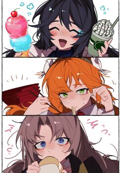 Rule 34 | 1boy, 2girls, :d, black coat, blue eyes, blue shirt, bow, brown hair, chopsticks, closed eyes, coat, collared shirt, cream puff, cup, dieci association south uniform, disposable coffee cup, disposable cup, eating, food, freckles, hair bow, highres, holding, holding chopsticks, holding ice cream cone, hong lu (project moon), ice cream cone, ishmael (project moon), jacket, limbus company, liu association south uniform, long hair, long sleeves, looking at viewer, multiple girls, nakame77, necktie, noodles, open mouth, orange hair, project moon, red necktie, rodion (project moon), shirt, simple background, smile, sweatdrop, upper body, w corp. (identity) (project moon), white background, white bow, white jacket, white shirt, wide-eyed