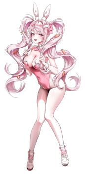 1girl absurdres alice_(nikke) alice_(wonderland_bunny)_(nikke) animal_ears bare_legs bare_shoulders bow bowtie breasts cleavage covered_navel detached_collar full_body goddess_of_victory:_nikke highleg highleg_leotard highres holding holding_own_hair large_breasts leotard long_hair looking_at_viewer official_alternate_costume open_mouth pink_eyes pink_hair pink_leotard playboy_bunny rabbit_ears shoes smile sneakers solo someang standing thighs tongue tongue_out very_long_hair wavy_hair wrist_cuffs