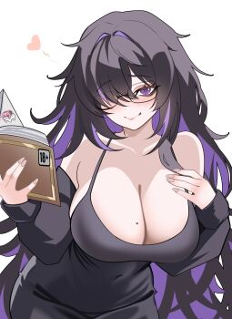 1girl absurdres bags_under_eyes black-framed_eyewear black_cardigan black_dress black_hair blush book breasts cardigan cleavage closed_mouth colored_inner_hair doro_(nikke) dress glasses goddess_of_victory:_nikke hair_over_one_eye hashtag-only_commentary heart highres holding holding_book label_(nikke) large_breasts long_hair long_sleeves looking_at_viewer mole mole_on_breast multicolored_hair purple_eyes purple_hair simple_background smile solo_focus velmillix very_long_hair white_background