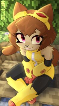 animal_ears artist_name brown_hair cat_ears cat_girl cat_tail commentary english_commentary fangs from_above furry gameoverse gauntlets goggles highres kit_bodega looking_at_viewer looking_up minecraft pink_eyes sharp_teeth short_hair sitting tagme tail teeth xnekorii