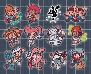 &gt;_&lt; 3boys 6+girls :d amigo aqua_hat arle_nadja arm_up beatmania_clubmix beatmania_iidx bemani blue_eyes braid brown_hair bust_a_move carbuncle_(puyopuyo) character_counter_request character_request chibi chibi_only commentary copyright_request crossover dancing dark-skinned_male dark_skin dj etudef0rgh0sts flame_print gender_request genre_connection grid_background guitar hat headset heat_(bust_a_move) highres holding holding_instrument holding_maracas holding_microphone instrument kinoko_boy lammy_(um_jammer_lammy) leg_up long_hair looking_at_viewer looking_to_the_side maracas microphone mimi_(pop&#039;n_music) multiple_boys multiple_girls music nyami_(pop&#039;n_music) open_mouth orange_hat parappa_the_rapper phonograph pink_hair playing_guitar playing_instrument pop&#039;n_music pop&#039;n_music_(1998) pop-kun puyo_(puyopuyo) puyopuyo puyopuyo_da! samba_de_amigo short_hair short_twintails smile sombrero space_channel_5 symbol-only_commentary tran_(beatmania) turntable twin_braids twintails ulala um_jammer_lammy v vib-ribbon vibri_(vib-ribbon)