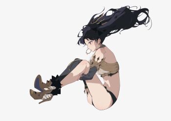 1girl absurdres asymmetrical_legwear bikini black_hair chinese_commentary commentary earrings expressionless fate/grand_order fate_(series) from_side full_body high_heels highres hoop_earrings hugging_own_legs ishtar_(fate) jewelry lightfish long_hair looking_to_the_side single_thighhigh solo swimsuit thighhighs tiara