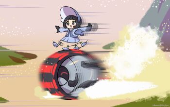 1girl :d afterimage balancing black_gloves black_hair blunt_bangs blush_stickers commentary_request dress gloves grey_dress grey_jacket grey_shoes iron_treads jacket komori541milk long_sleeves motion_blur motion_lines nintendo open_mouth outdoors pantyhose pokemon pokemon_(creature) pokemon_sv poppy_(pokemon) running shoes short_hair smile visor_cap