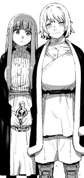 2girls black_coat blunt_bangs blush breast_envy breasts closed_eyes coat collar crossover cut_bangs dress dungeon_meshi falin_touden falin_touden_(tallman) female_focus fern_(sousou_no_frieren) frilled_collar frills highres ireading large_breasts long_hair long_sidelocks looking_at_breasts medium_hair monochrome multiple_girls potion sidelocks sousou_no_frieren straight_hair white_dress