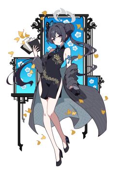1girl bare_shoulders black_coat black_dress black_gloves black_hair black_shoes blue_archive breasts butterfly_hair_ornament china_dress chinese_clothes closed_mouth coat covered_navel dragon_print dress flower full_body ginkgo_leaf gloves grey_eyes hair_bun hair_ornament halo high_heels highres ideolo kisaki_(blue_archive) leaf long_hair looking_at_viewer off_shoulder shoes short_dress side_slit simple_background single_glove small_breasts smile solo twintails white_background