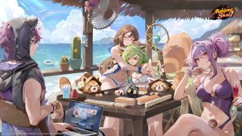 >_< 1boy 3girls absurdres alice_vu animal animal_ear_hood animal_ears beach bracelet braid breasts brown_hair cactus cleavage closed_eyes cloud computer crossed_legs cup earrings fake_animal_ears flower food fruit glasses green_hair hairband hedge highres holding holding_cup holding_staff hood inflatable_toy jewelry laptop large_breasts ling_(mahjong_soul) logo looking_at_viewer mahjong mahjong_soul mahjong_tile multiple_girls navel nikaidou_miki ocean official_art official_wallpaper open_mouth plant potted_plant purple_hair rainbow red_eyes red_panda sitting smile staff standing steam_(platform) tassel tassel_earrings terasaki_chihori watermelon white_flower white_hairband yuzu_(mahjong_soul)