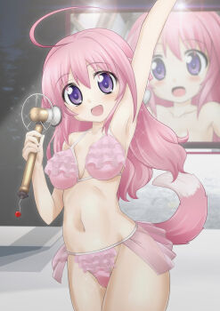 Rule 34 | 10s, 1girl, ahoge, animal ears, bikini, blush, breasts, dog days, dog ears, dog girl, dog tail, female focus, highres, koyomisa, long hair, looking at viewer, microphone, millhiore f. biscotti, navel, open mouth, pink bikini, pink hair, purple eyes, smile, solo, swimsuit, tail, zoom layer
